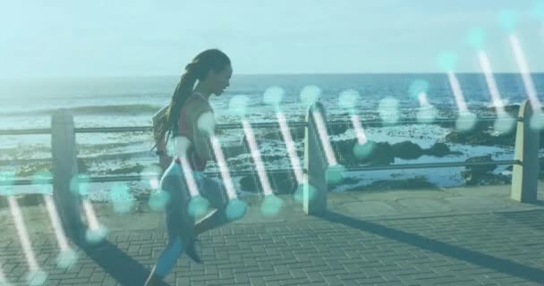 Animation Dna Strain Spinning Woman Jogging Promenade Sea Ψηφιακή Διεπαφή — Αρχείο Βίντεο