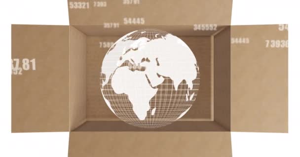 Animacja Zmieniających Się Liczb Globus Wirujący Nad Kartonowym Pudełkiem Globalna — Wideo stockowe