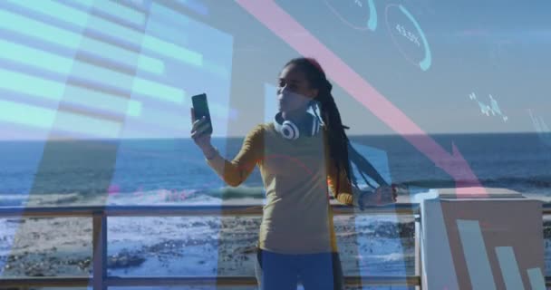 Animation Statistics Graphs Woman Taking Selfie Promenade Sea Digital Interface — Stock Video
