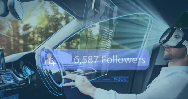 Animation Rising Number Followers Man Headset Using Self Driving Car — Stock Video