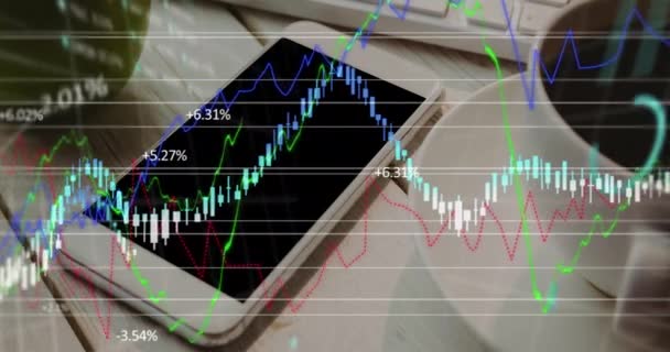 Animación Del Procesamiento Datos Financieros Través Smartphone Escritorio Interfaz Digital — Vídeos de Stock
