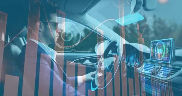 Animazione Display Informativi Con Uomo Che Utilizza Auto Guida Autonoma — Video Stock