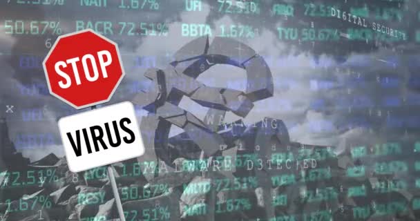 Animation Stop Virus Sign Financial Statistics Crumbling Euro Currency Symbol — Stock Video
