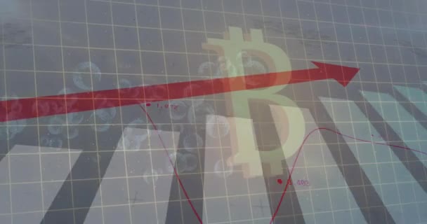 Animación Procesamiento Datos Financieros Con Flecha Roja Ascendiendo Sobre Símbolo — Vídeo de stock