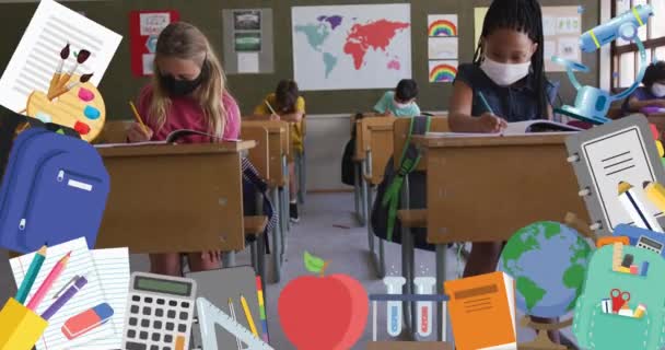 Animation Icônes École Sur Des Enfants Assis Dans Salle Classe — Video