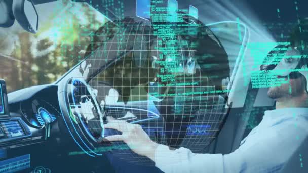 Animation Information Displays Man Headset Using Self Driving Car Communication — Stock Video