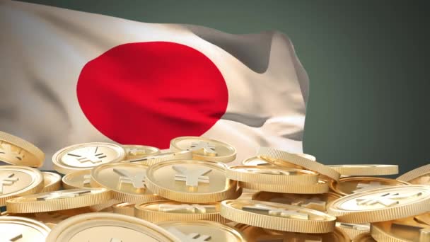日本国旗在金币上飘扬的动画 数码接口全球金融和商业概念数字生成视频 — 图库视频影像