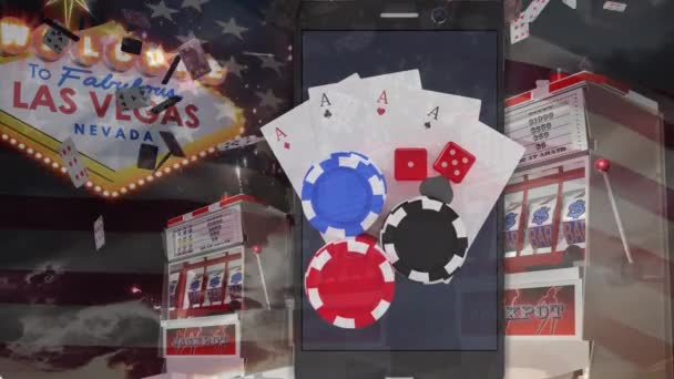 Animación Jugar Las Cartas Jugar Fichas Dados Sobre Las Vegas — Vídeo de stock