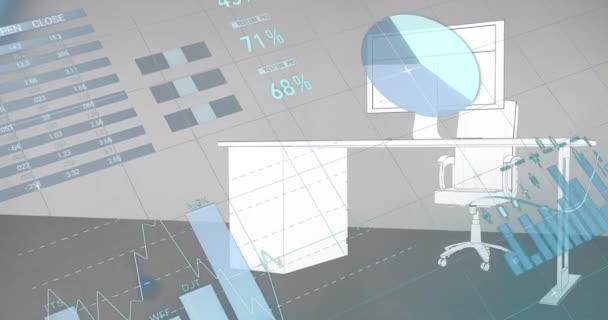 Animation Der Finanzdatenverarbeitung Mit Statistiken Über Den Schreibtisch Mit Dem — Stockvideo