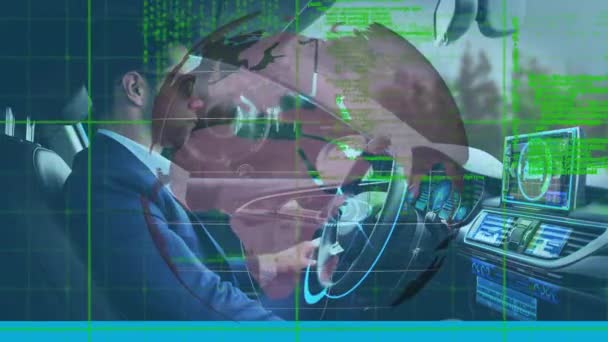 Animacja Globu Wyświetlacze Informacji Człowiekiem Pomocą Samojezdnego Samochodu Koncepcja Cyfrowego — Wideo stockowe