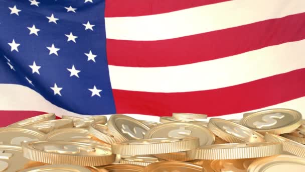 Animación Nosotros Bandera Ondeando Sobre Monedas Oro Interfaz Digital Finanzas — Vídeo de stock
