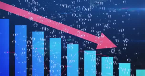 Animación Estadísticas Financieras Procesamiento Datos Con Flecha Roja Descendente Burbujas — Vídeo de stock