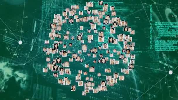Анимация Интерфейса Показывающего Сферическую Сеть Подключенных Изображений Людей Информацию Зеленому — стоковое видео