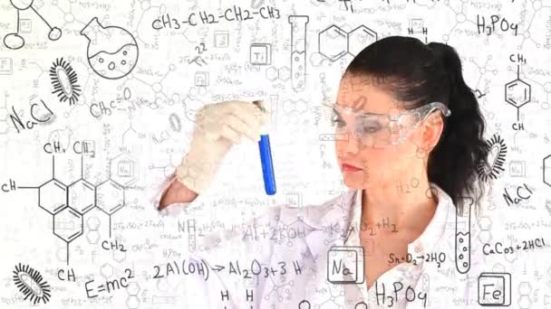 Animation Floating Mathematical Equations Icons Female Scientist Holding Probe Education — ストック動画