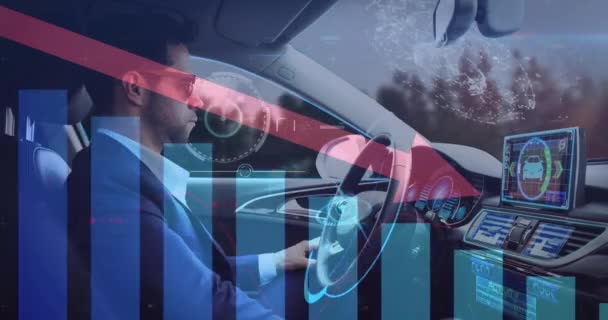 Animacja Wyświetlaczy Informacyjnych Człowiekiem Korzystającym Samojezdnego Samochodu Koncepcja Cyfrowego Interfejsu — Wideo stockowe