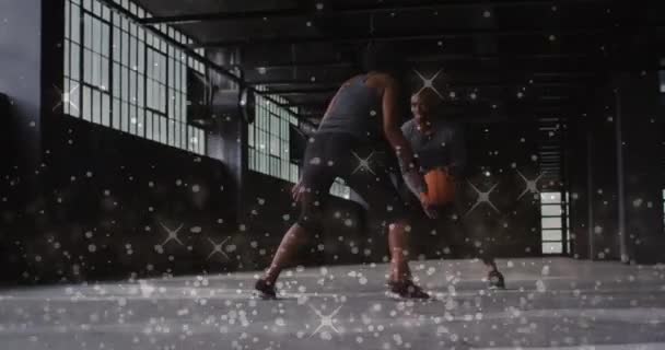 Animation Floating Shiny Dots Man Woman Playing Basketball Digital Interface — Stock Video