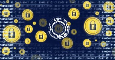 Mavi arkaplanda ikili kodlama veri işlemesine karşı çoklu güvenlik asma kilit simgeleri. siber güvenlik ve teknoloji kavramı