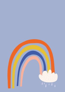 Bulutlu gökkuşağı tasviri ve mavi arka planda fotokopi alanı olan yağmur. Doğa ve yazma kavramı dijital olarak oluşturulmuş görüntü.