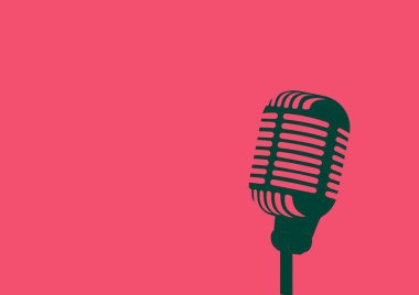 Pembe arka planda fotokopi alanı olan klasik mikrofon tasviri. müzik ve yazma kavramı dijital olarak oluşturulmuş görüntü.