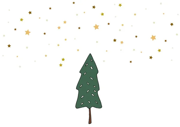Weihnachtsbaum Mit Gelben Und Braunen Sternen Auf Weißem Hintergrund Weihnachtsfest — Stockfoto
