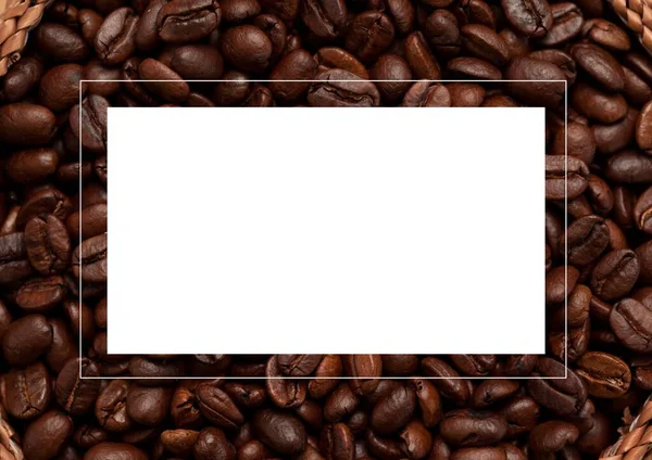 白い丸みを帯びたイラストと背景にコーヒー豆の写真 食べ物や飲み物のコンセプトをデジタルで生成し — ストック写真