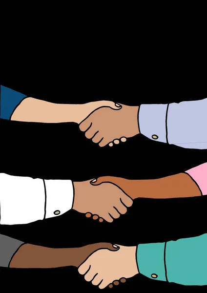 Illustration of six multi ethnic people shaking hands with copy space on black background. equality and writing background concept digitally generated image.