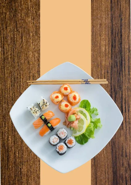 Ilustración Con Sushi Palillos Plato Blanco Sobre Fondo Naranja Madera —  Fotos de Stock