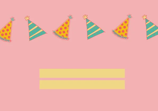 描述一排带有两个矩形带的浅粉色背景的派对帽 以供复制 儿童派对邀请设计理念 数码生成图像 — 图库照片
