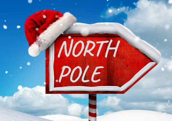Polo Nord Testo Cartello Rosso Con Cappello Babbo Natale Paesaggio — Foto Stock