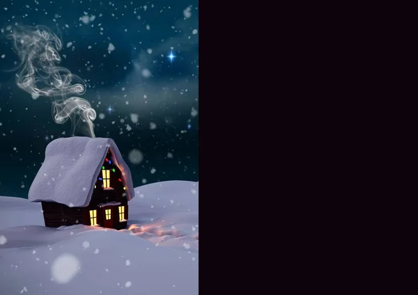 Иллюстрация Дома Покрытого Снегом Ночью Черного Прямоугольника Копировальным Пространством Справа — стоковое фото