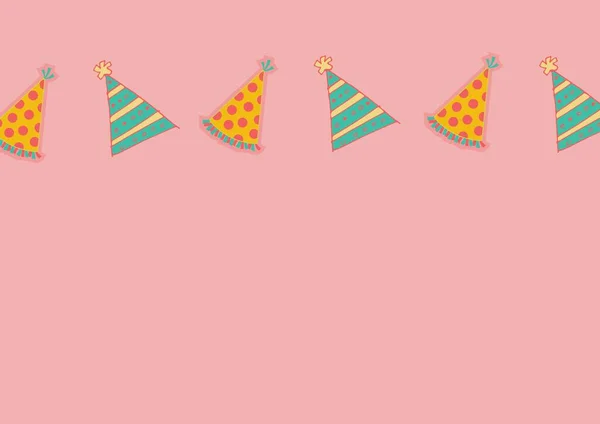 一排排浅粉色背景的五颜六色的派对帽的图解 儿童派对或庆祝会的设计概念 数字生成的图像 — 图库照片
