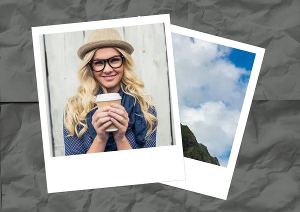 Komposition Zweier Fotos Mit Kaffee Trinkenden Frauen Und Bergen Auf — Stockfoto