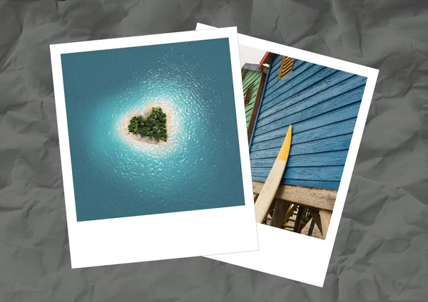 Mavi Deniz Kumsal Kulübelerindeki Gri Desenli Adanın Iki Anlık Fotoğrafı — Stok fotoğraf