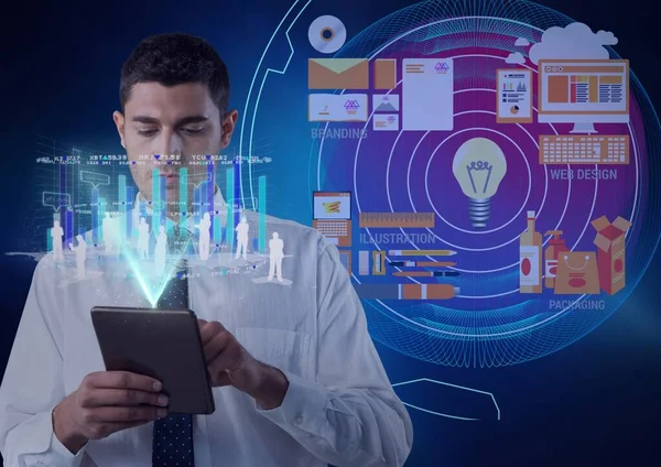 Interfaz Computadora Con Procesamiento Datos Contra Hombre Negocios Usando Tableta —  Fotos de Stock