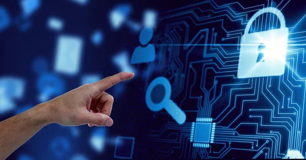 Human Hand Touching Invisible Screen Digital Icons Microprocessor Connections Futuristic — Stock Photo, Image