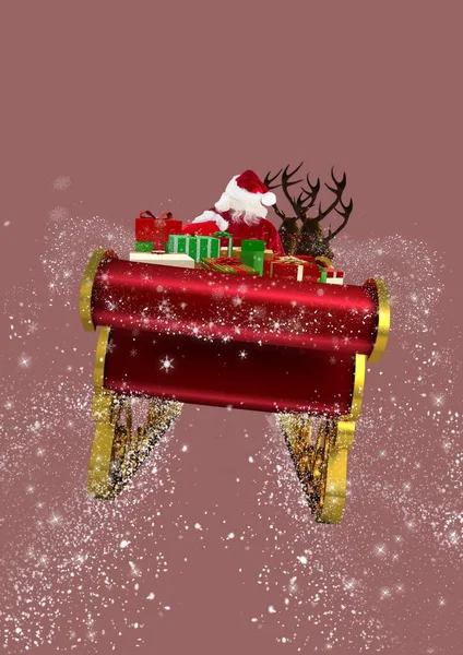 Illustration Back View Santa Flying Sleigh Snow Dark Pink Background — Stock Photo, Image