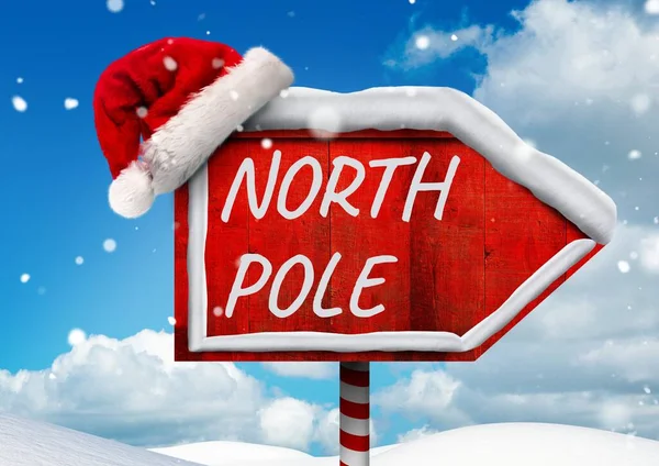 North Pole Text Red Board Sign Santa Hat Winter Landscape — Stock Photo, Image