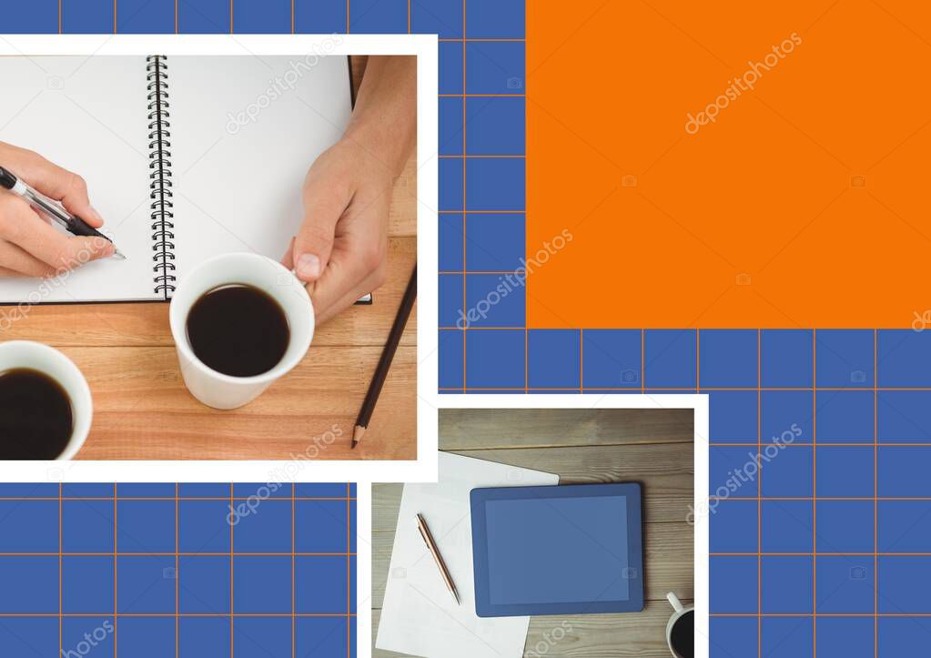 Composition of hands writing in notebook holding coffee cup with digital tablet on blue and yellow. creativity design concept with copy space, digitally generated image.