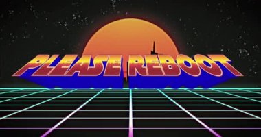 Lütfen metni bir ızgara ve dijital günbatımı üzerinden yeniden başlatın. dijital arayüz video oyunu konsepti dijital olarak oluşturuldu.