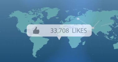 Dünya haritasında hareket eden ışık yollarına karşı artan beğeni ve beğeni ile baş parmağıyla konuşma balonu. Sosyal medya ağı ve teknoloji kavramı