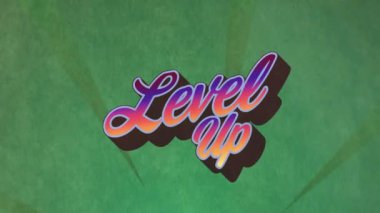 Dönen yeşil arkaplan üzerine seviye yükseltilmiş metin canlandırması. dijital arayüz video oyunu konsepti dijital olarak oluşturuldu.