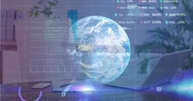 Dünya çapında ofis masasına karşı yapılan borsa veri işleme videolarının dijital birleşimi. küresel finans ve iş kavramı