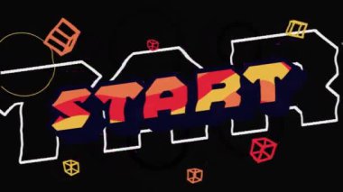 Retro stili başlangıç metninin dijital animasyonu ve siyah arkaplana karşı soyut neon şekiller. bilgisayar arayüzü ve video oyunu kavramı