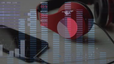 Akıllı telefona bağlı kulaklıklarla istatistiksel veri işleme ve müzik eşitleyici. müzik ve teknoloji kavramı