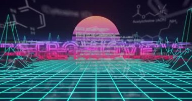 Izgara grafikleri, istatistikleri ve dijital arazi üzerinden retro dalga metninin animasyonu. dijital arayüz video oyunu konsepti dijital olarak oluşturuldu.