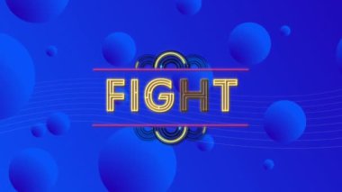 Mavi arkaplandaki yuvarlak şekillere karşı neon dövüş metninin dijital animasyonu. bilgisayar arayüzü ve video oyunu kavramı