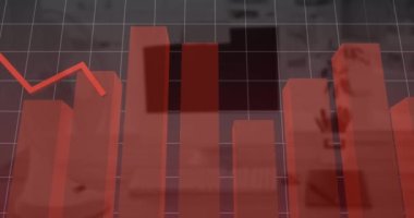 Boş ofise karşı istatistiksel veri işleme ve ızgara ağı üzerinden hareket eden kırmızı grafik. küresel finans ve iş kavramı