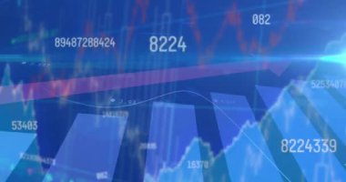 Mavi zemin üzerinde çoklu değişen sayılar ve istatistiksel veri işleme üzerinde kırmızı ok. finans ve ekonomi kavramı