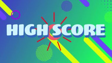 Mavi ve yeşil eğimli arkaplandaki soyut şekillere karşı yüksek skorlu metnin dijital animasyonu. bilgisayar arayüzü ve video oyunu kavramı