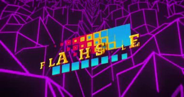 Mor dijital arazi üzerinde flash satış metninin animasyonu. dijital arayüz video oyunu konsepti dijital olarak oluşturuldu.